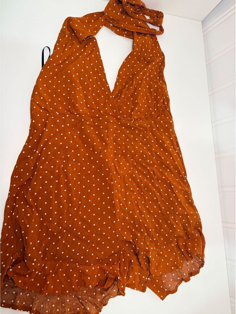 Rust Orange White Polka Dot Halter Neck Low Back Romper Ruffle Hem Medium